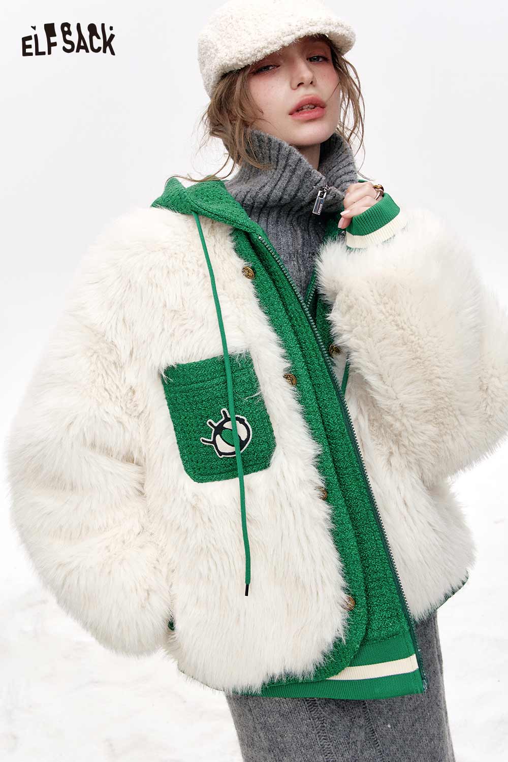 ELFSACK Fake Two Piece White Plush Hooded Coat