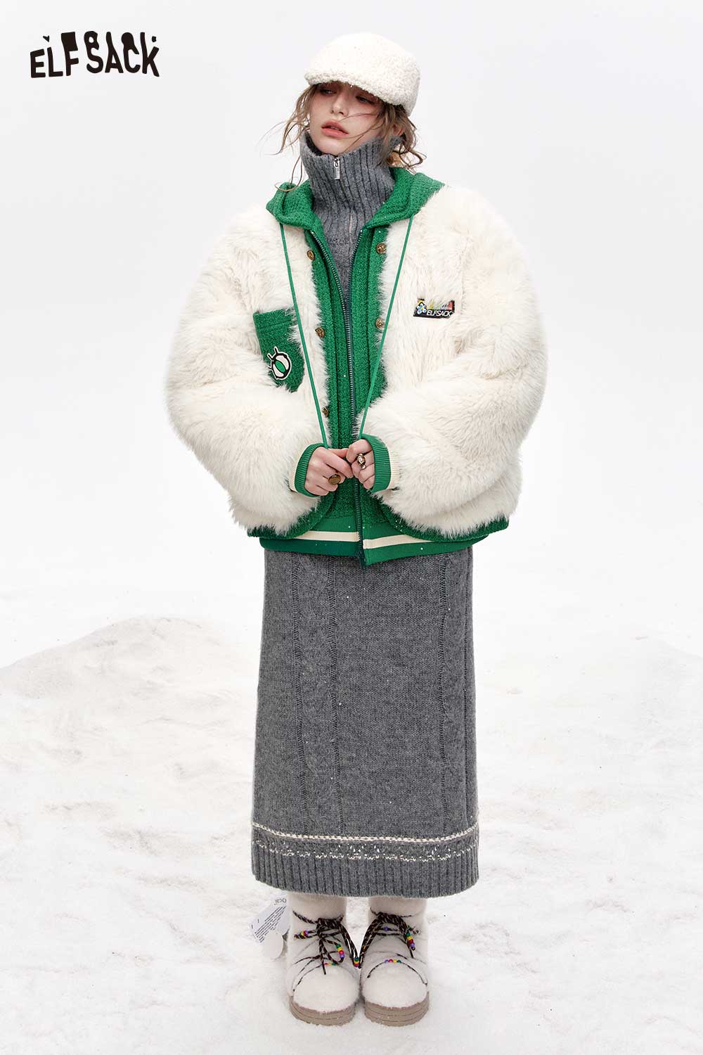 ELFSACK Fake Two Piece White Plush Hooded Coat