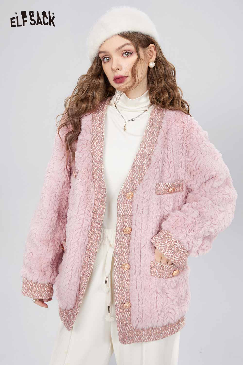 ELFSACK Loose Elegant Patchwork Tweed Fur Coat