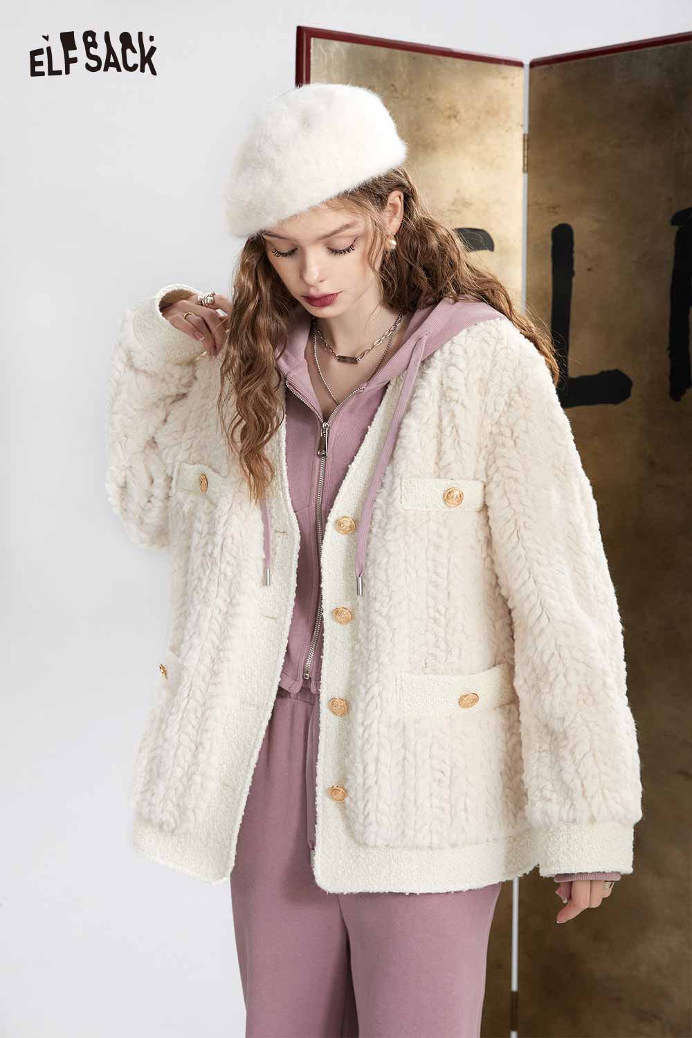 ELFSACK Loose Elegant Patchwork Tweed Fur Coat