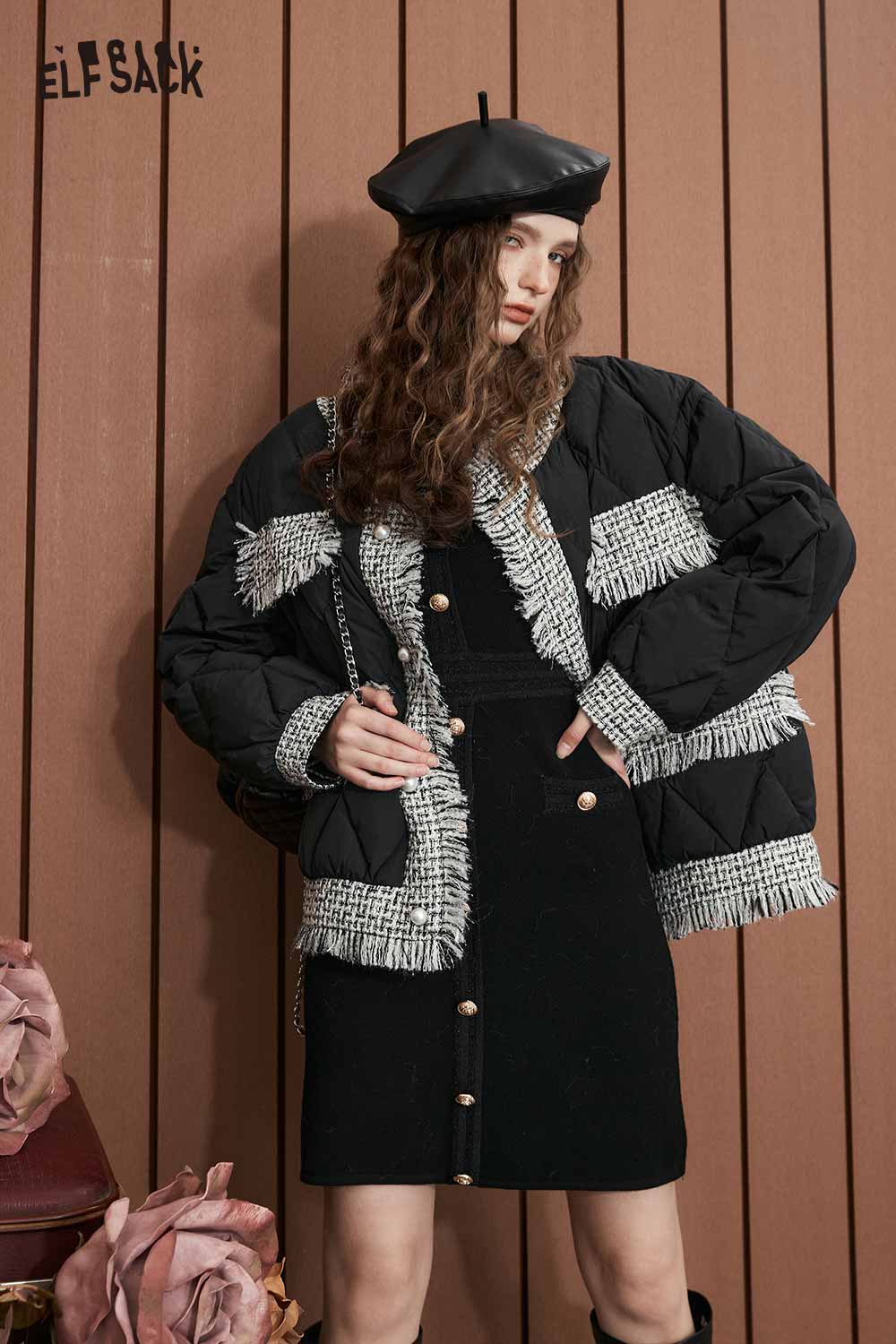 ELFSACK White Duck Round Neck Short Puffer Coat