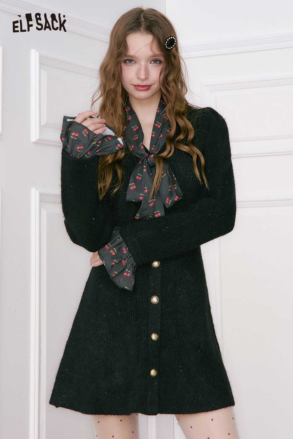 ELFSACK Elegant Fitting Cherry Graphic Bow Tie Flutter Sleeve Dress