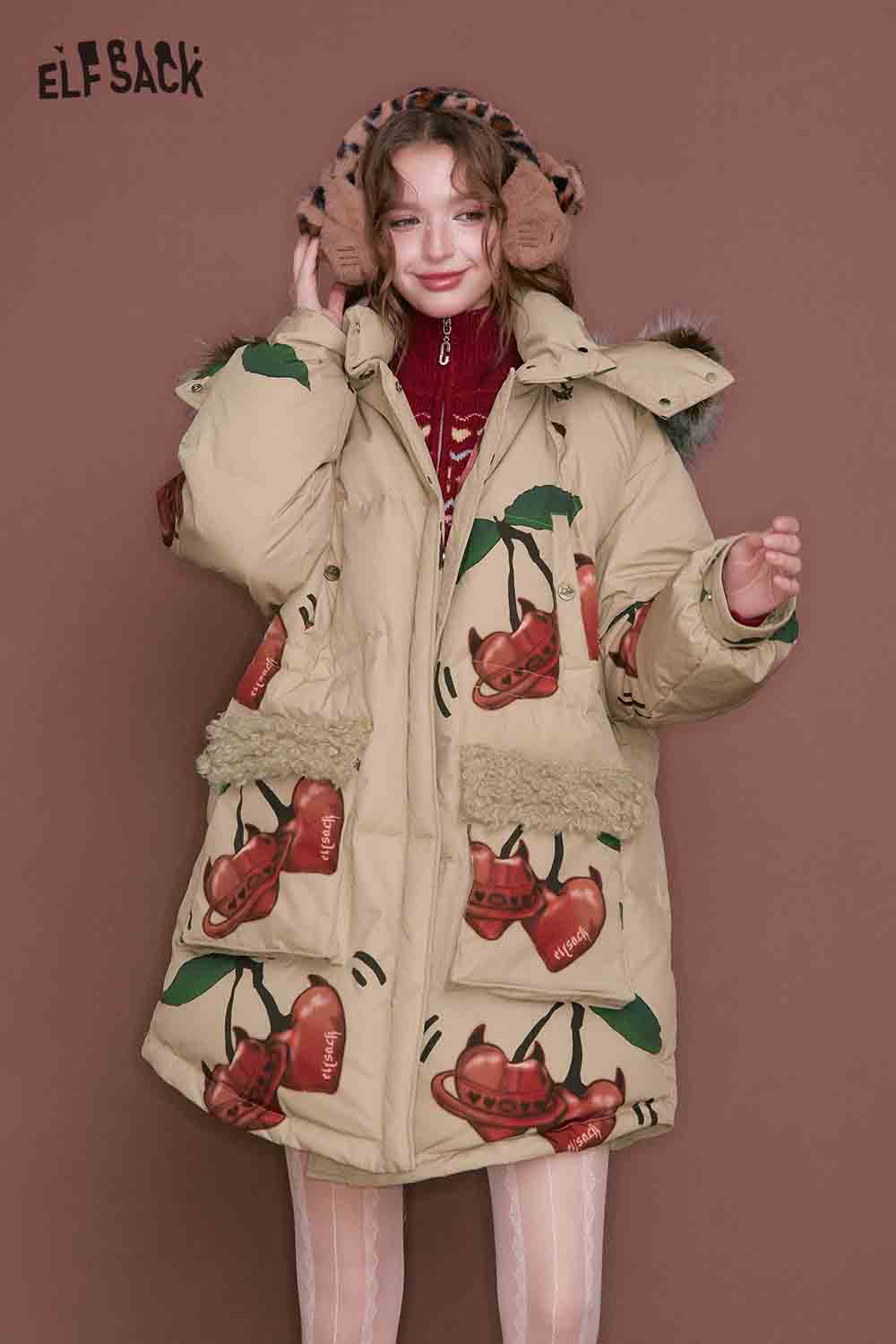 ELFSACK Casual Loose Cherry Graphic Large Pocket Hooded Puffer Coat