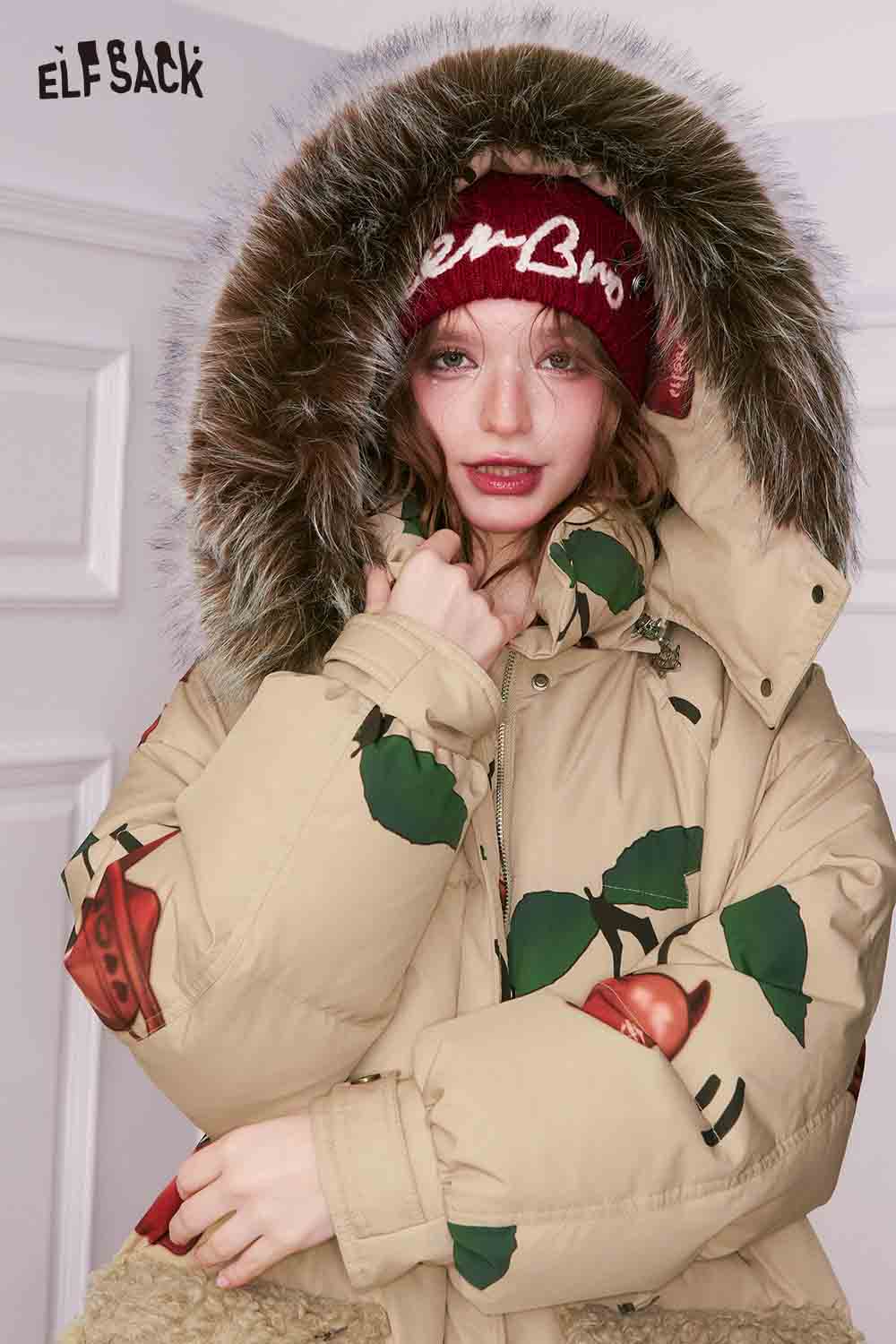ELFSACK Casual Loose Cherry Graphic Large Pocket Hooded Puffer Coat