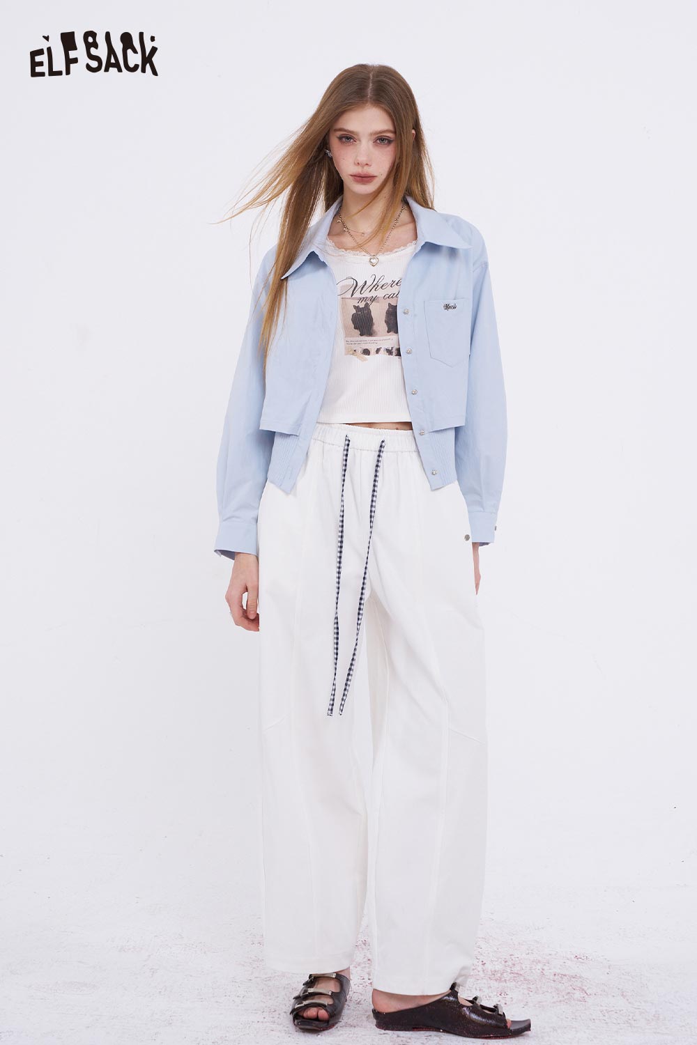ELFSACK Chic Crop Shirt with Ribbed Hem