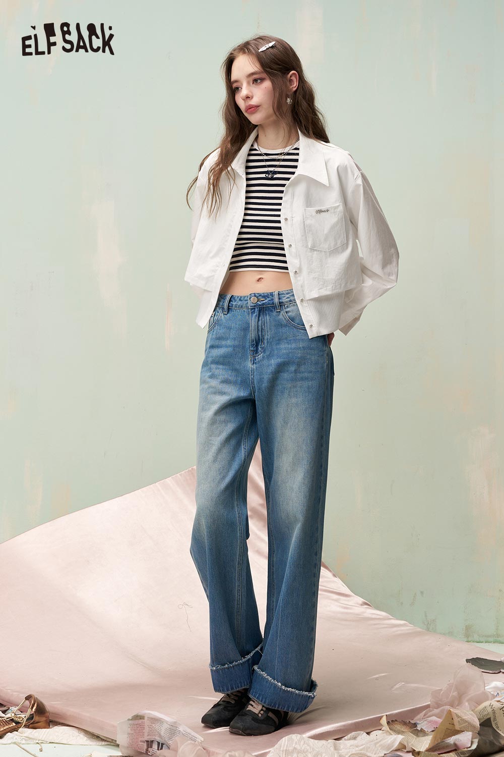 ELFSACK Chic Crop Shirt with Ribbed Hem