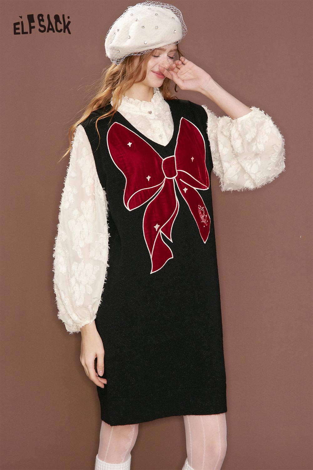 ELFSACK Sweet Fake Two Piece Chiffon Shirt Bow Straight Vest Dress