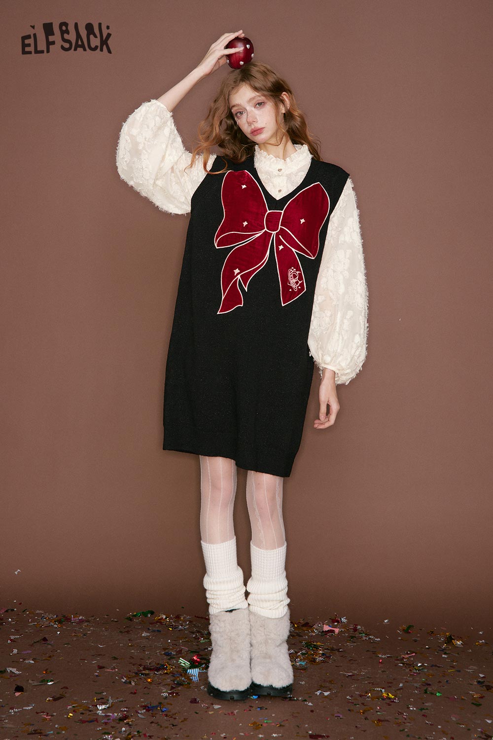 ELFSACK Sweet Fake Two Piece Chiffon Shirt Bow Straight Vest Dress