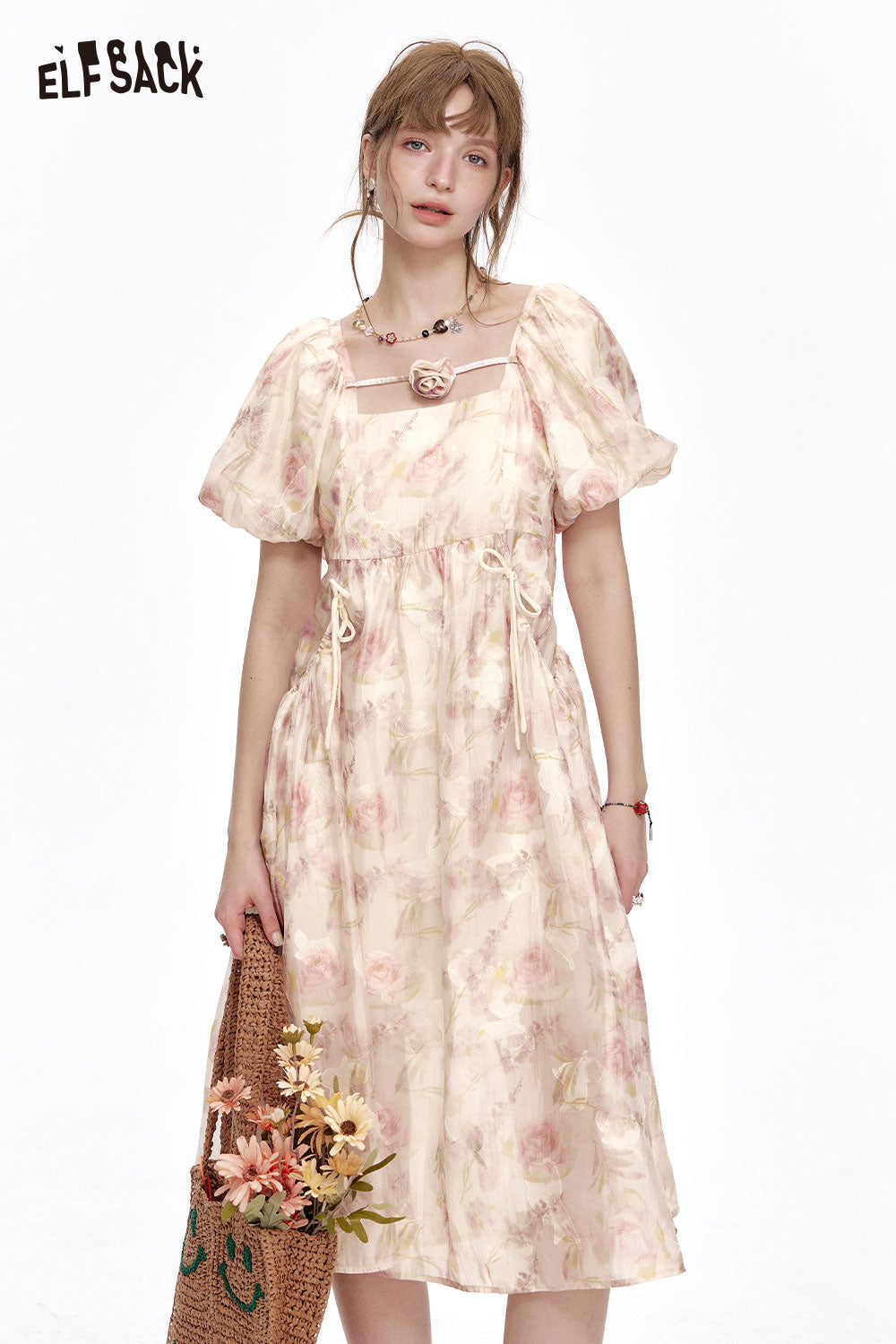 ELFSACK Chiffon Puff Sleeve Floral Dress