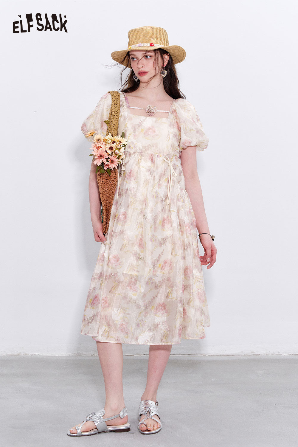 ELFSACK Chiffon Puff Sleeve Floral Dress