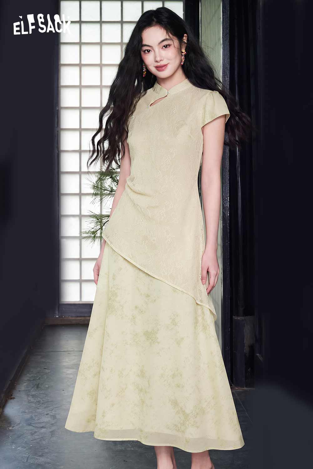 ELFSACK Chinese Style Asymmetric Layered Maxi Dress