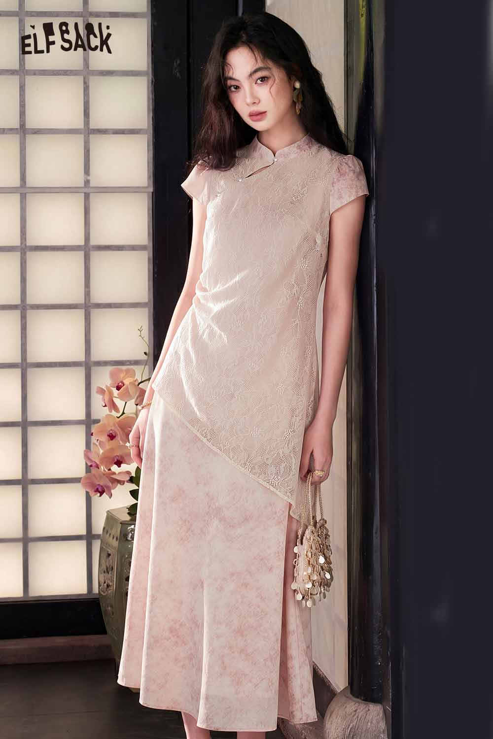 ELFSACK Chinese Style Asymmetric Layered Maxi Dress