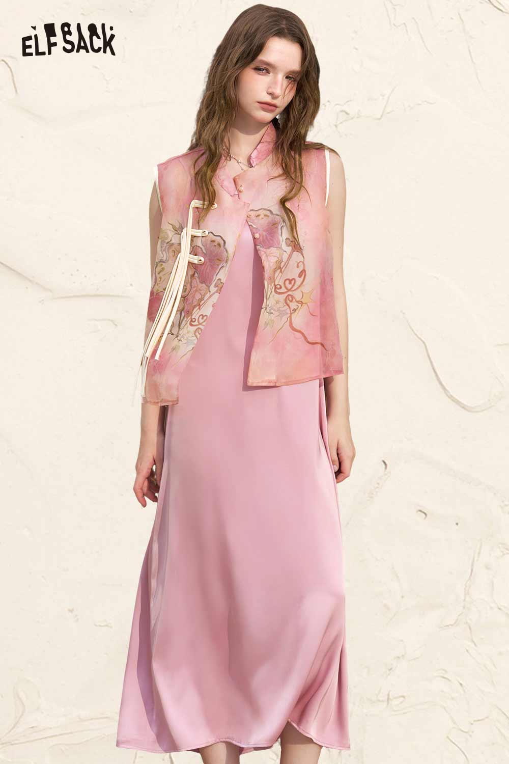 ELFSACK Chinese Style Vest Satin Dress Set