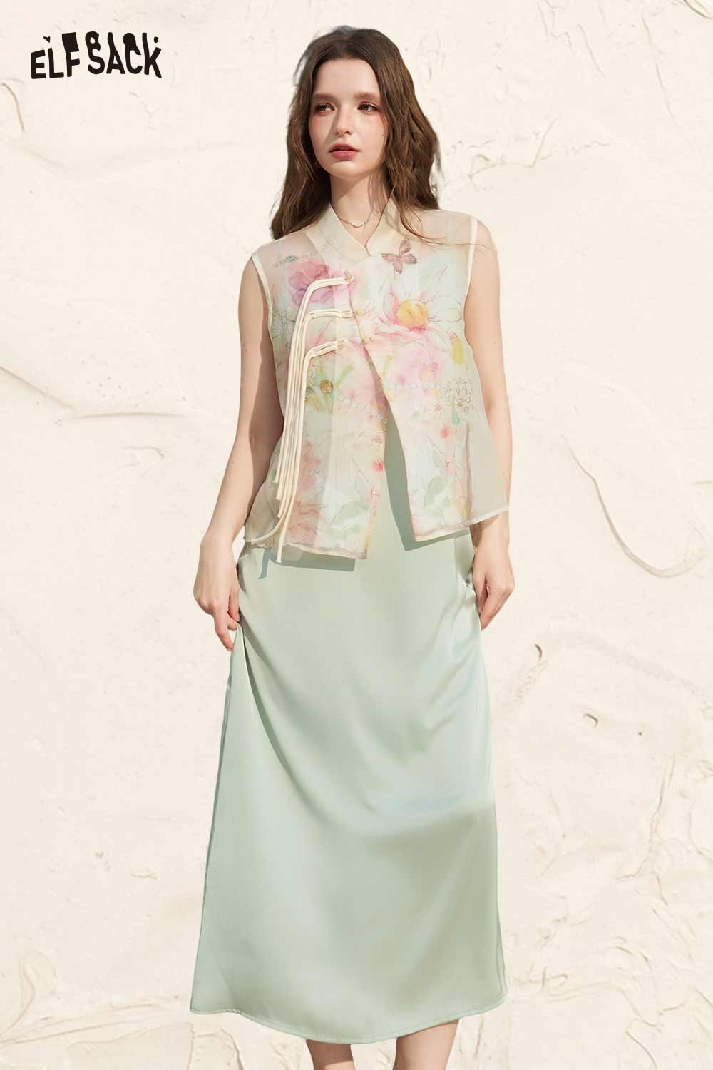 ELFSACK Chinese Style Vest Satin Dress Set