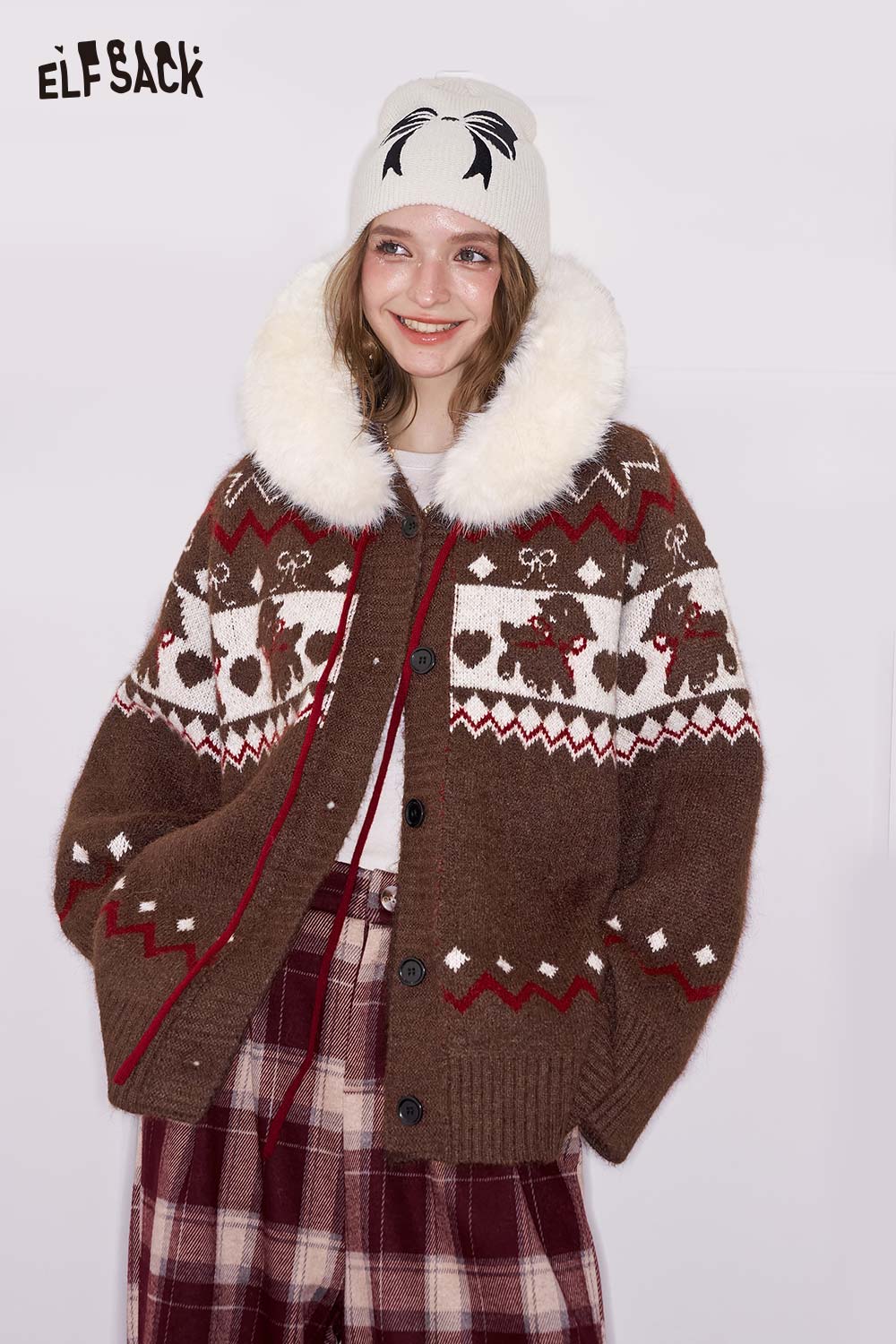 ELFSACK Loose Christmas Animal Graphic Stripe Fur Hood Knit Cardigan