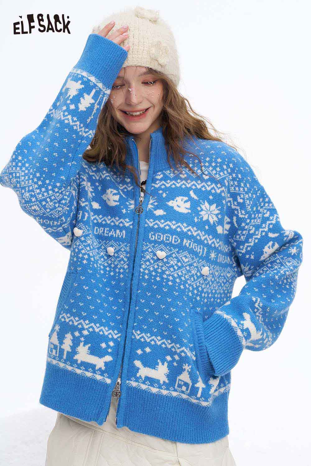 ELFSACK Soft Half High Neck Christmas Graphic Reversible Zipper Sweater