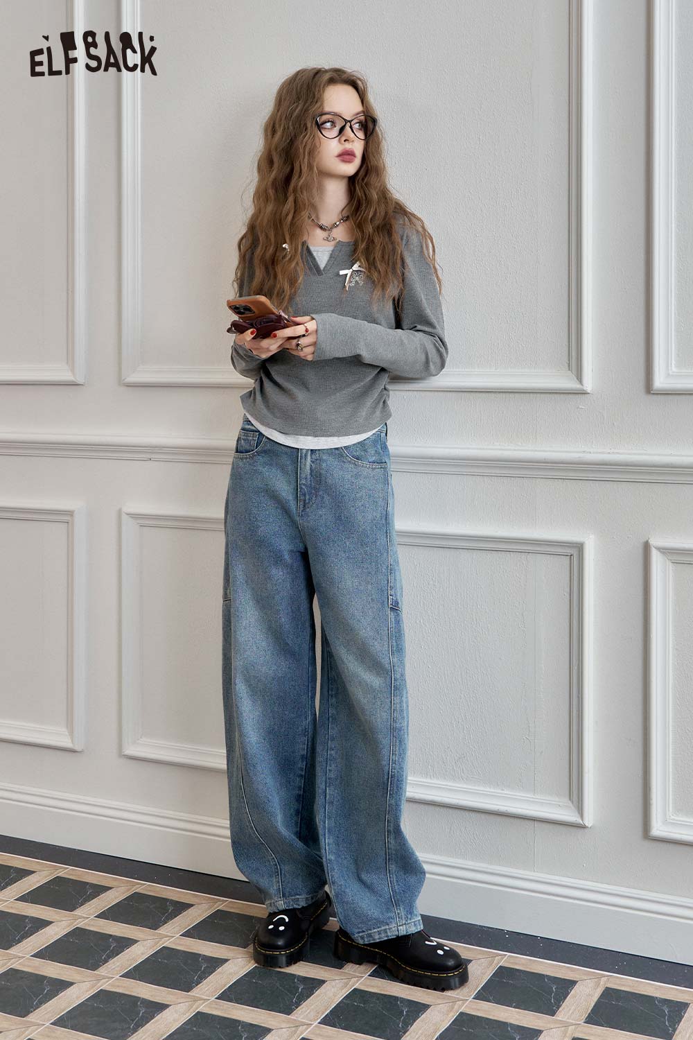 ELFSACK Classic Color Block Fake Two Piece Layering Embroidery Tshirt