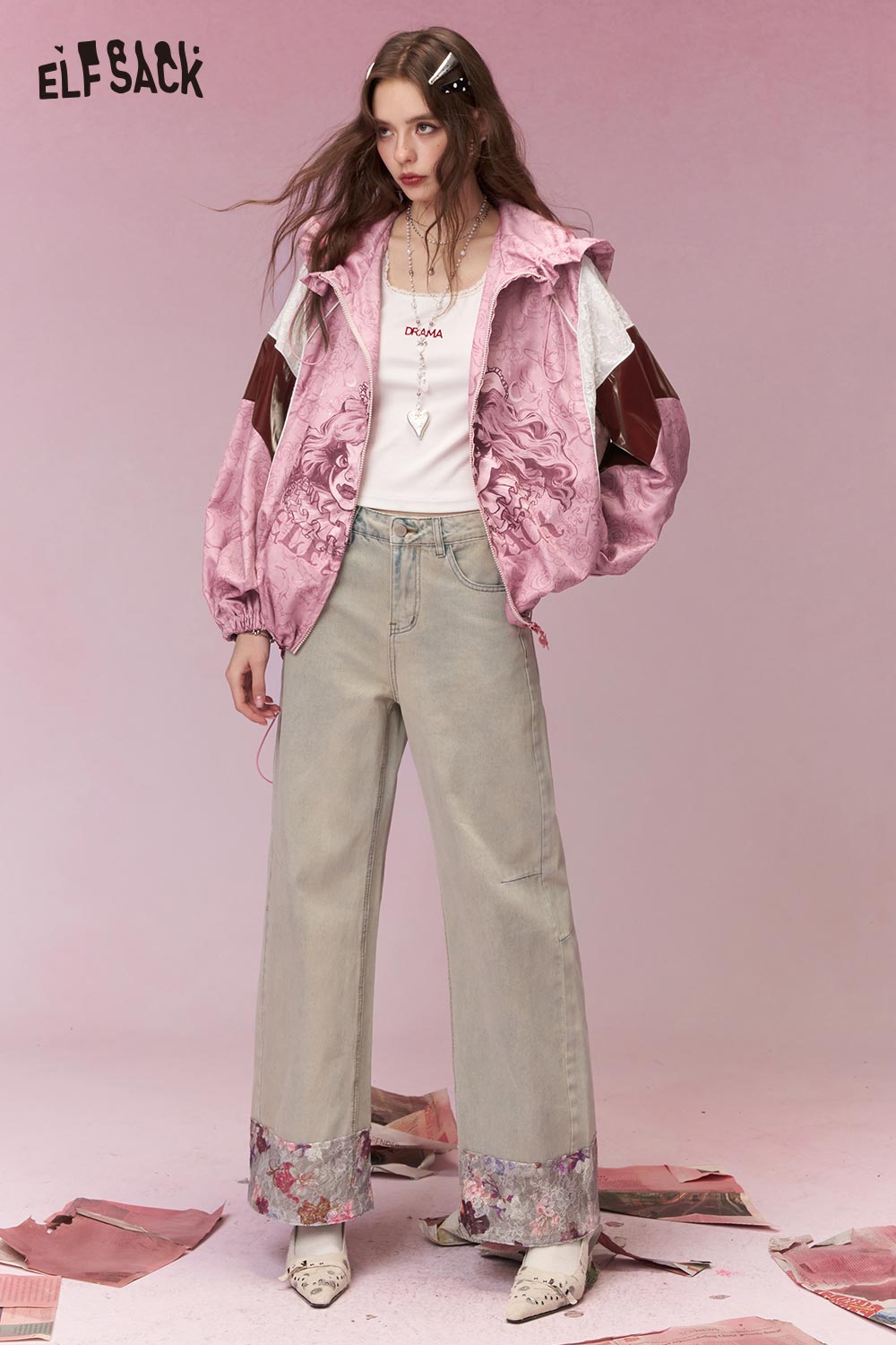 ELFSACK Sweet Cool Clown Girl Print Ruffle Hooded Jacket