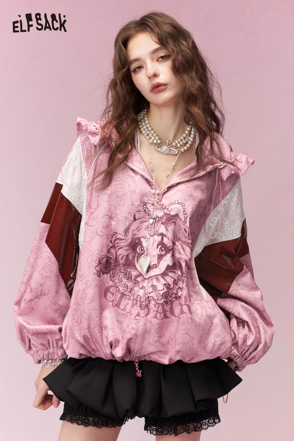 ELFSACK Sweet Cool Clown Girl Print Ruffle Hooded Jacket