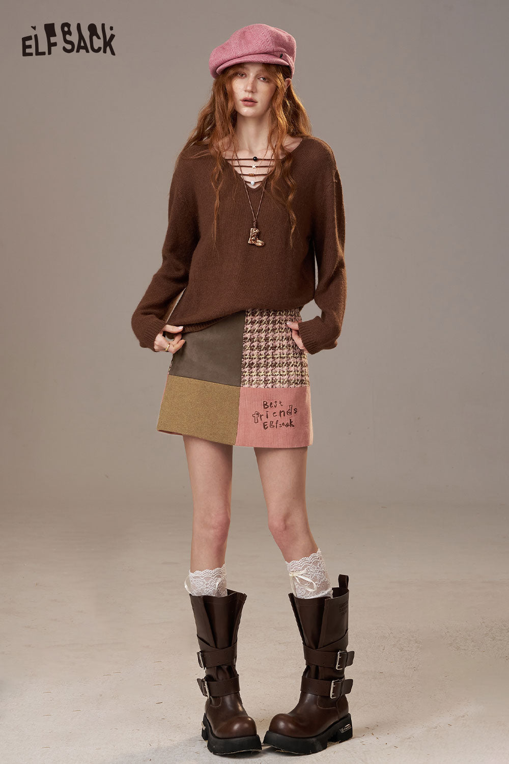 ELFSACK Soft Textured Color Block Paneled Design A-Line Skirt
