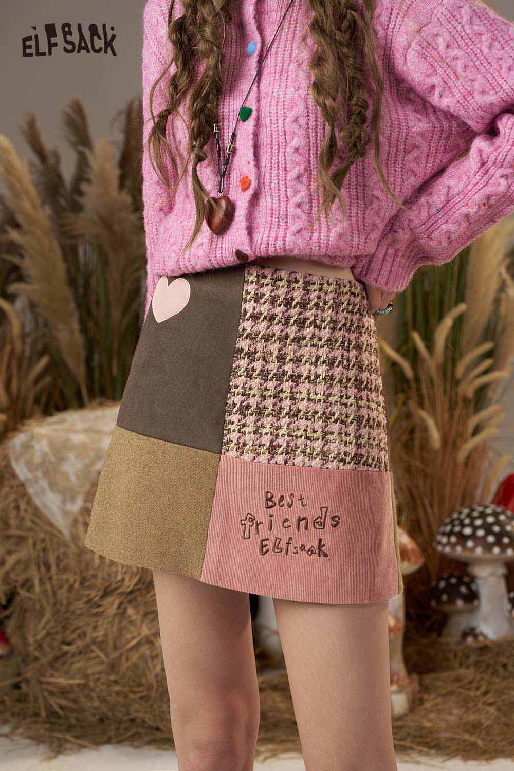 ELFSACK Soft Textured Color Block Paneled Design A-Line Skirt