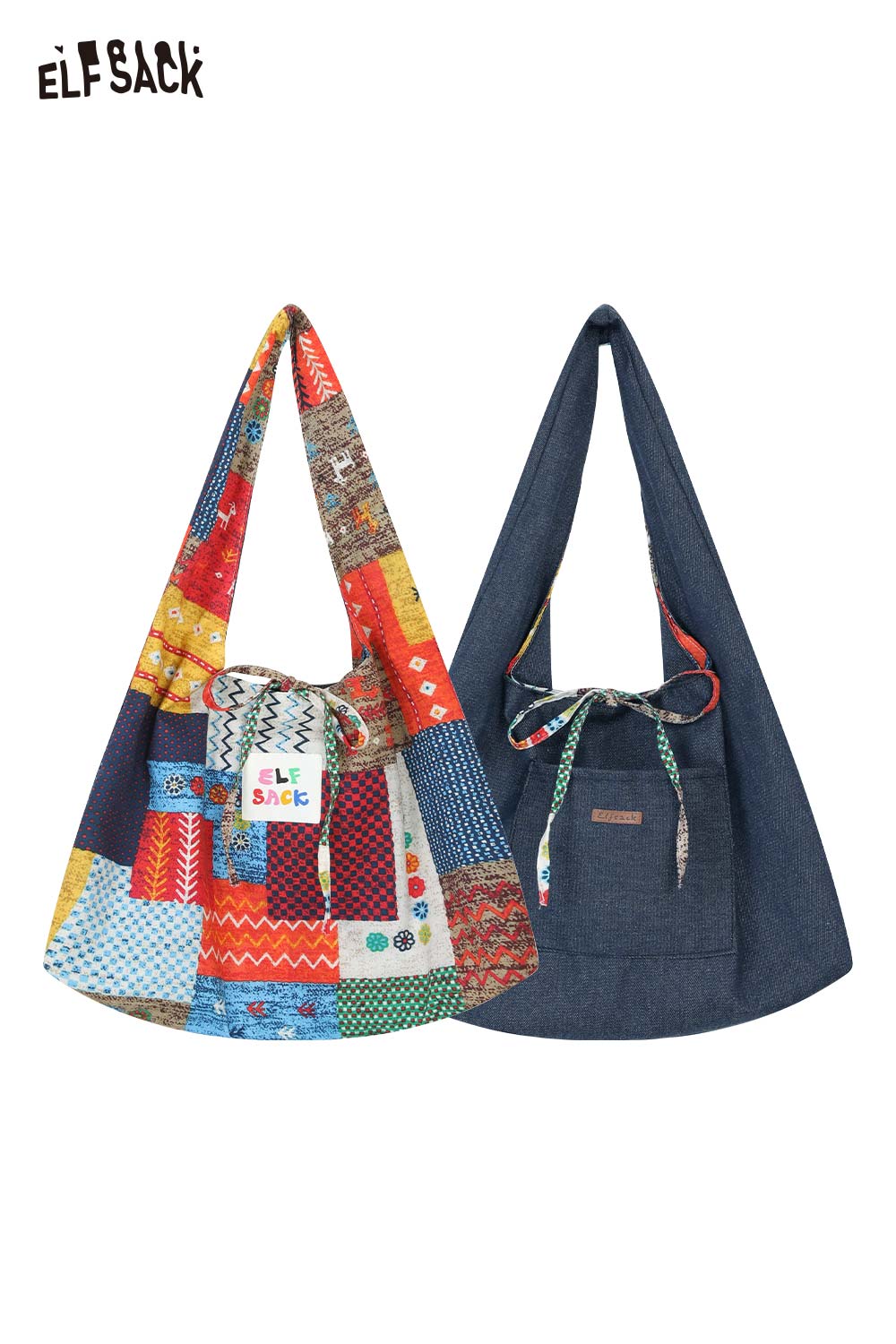 ELFSACK Color Block Casual Commute Large Capacity Lightweight Tote Shoulder Canvas Bag
