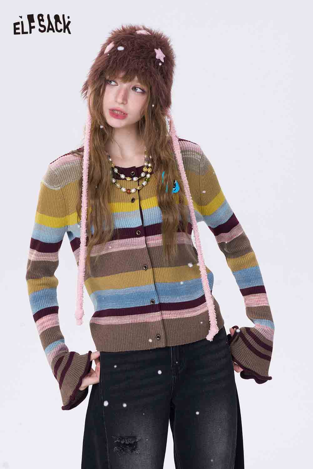 ELFSACK Slimming Color Block Flare Sleeve Round Neck Cropped Knit Cardigan