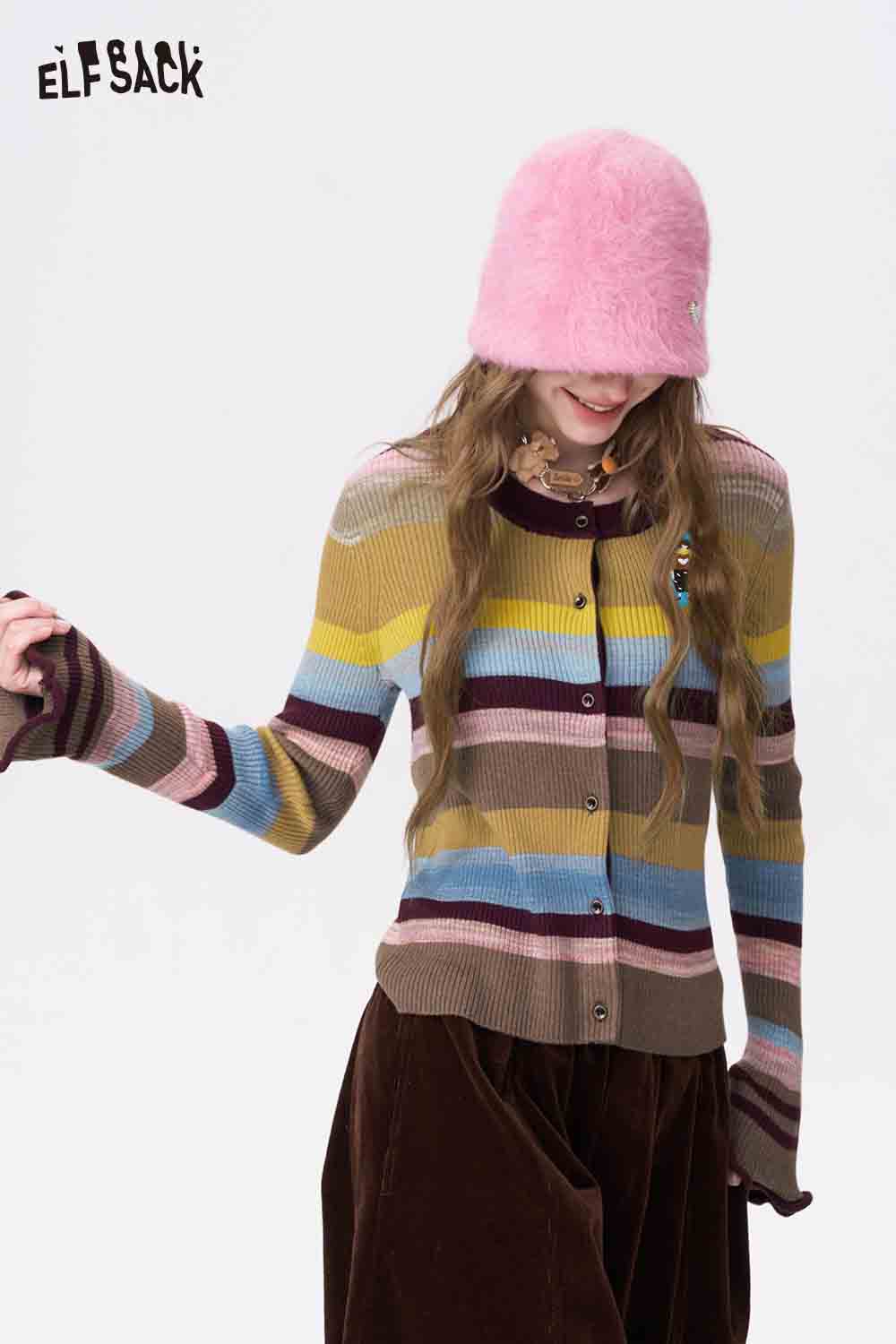ELFSACK Slimming Color Block Flare Sleeve Round Neck Cropped Knit Cardigan