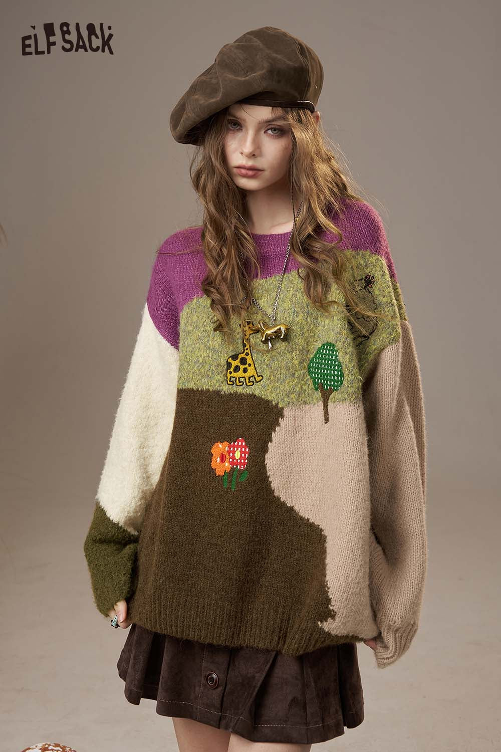 ELFSACK Soft Knit Color Block Giraffe Embroidery Loose Fit Sweater