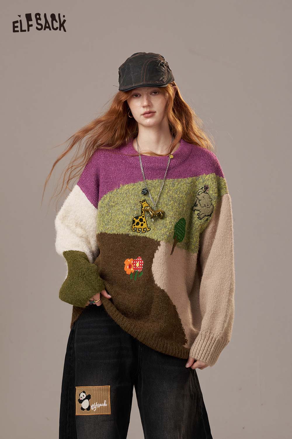 ELFSACK Soft Knit Color Block Giraffe Embroidery Loose Fit Sweater