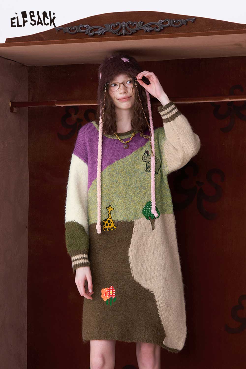 ELFSACK Casual Loose Color Block Graphic Long Sleeve Knit Dress