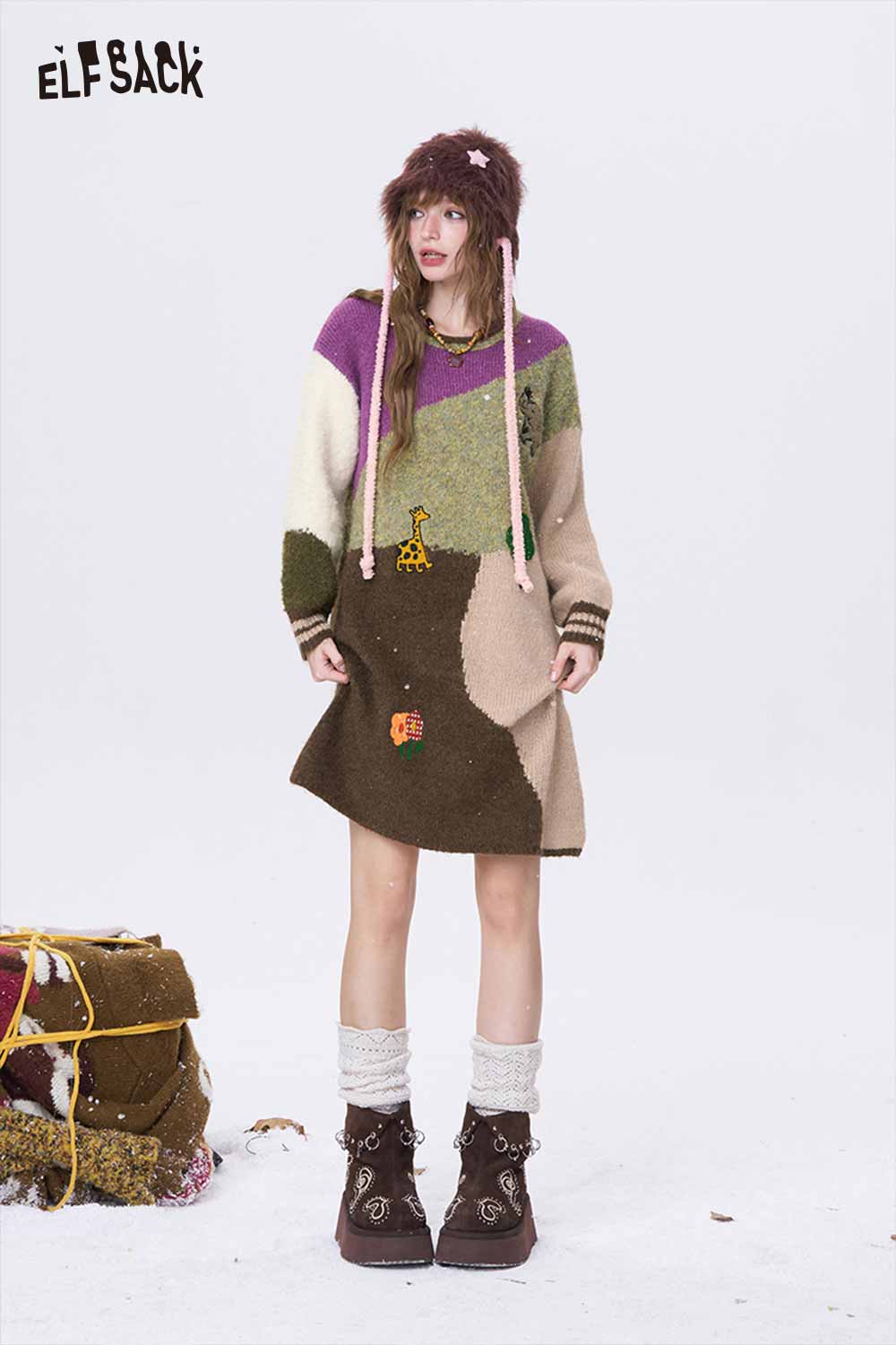 ELFSACK Casual Loose Color Block Graphic Long Sleeve Knit Dress