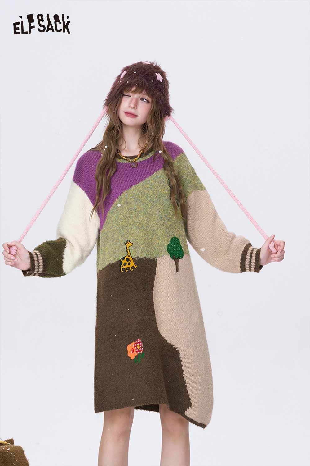 ELFSACK Casual Loose Color Block Graphic Long Sleeve Knit Dress