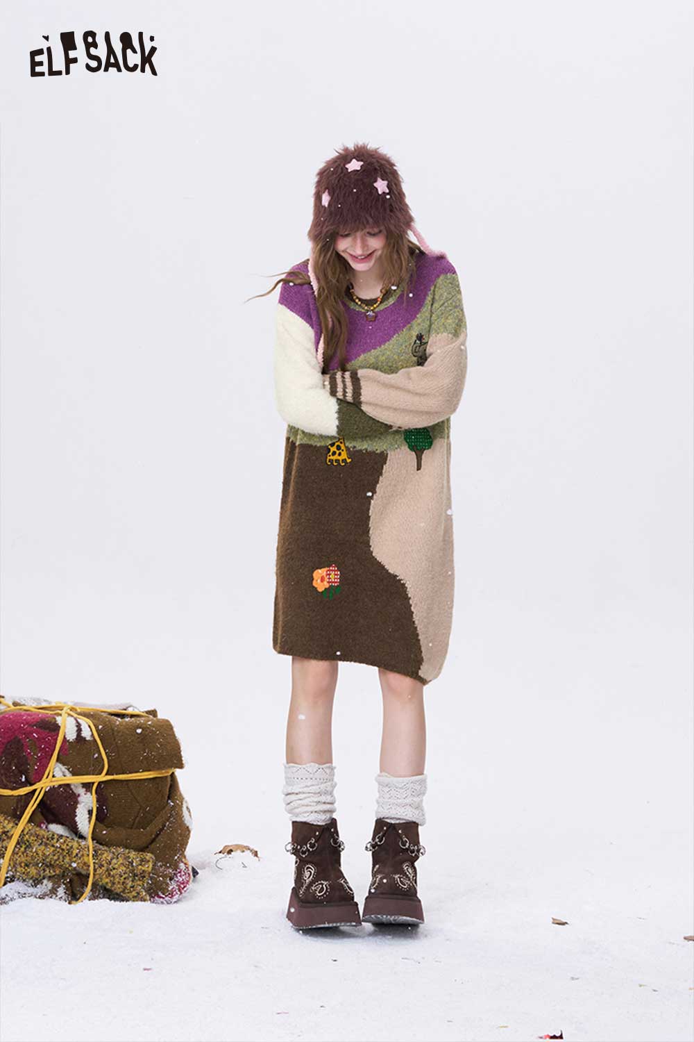 ELFSACK Casual Loose Color Block Graphic Long Sleeve Knit Dress