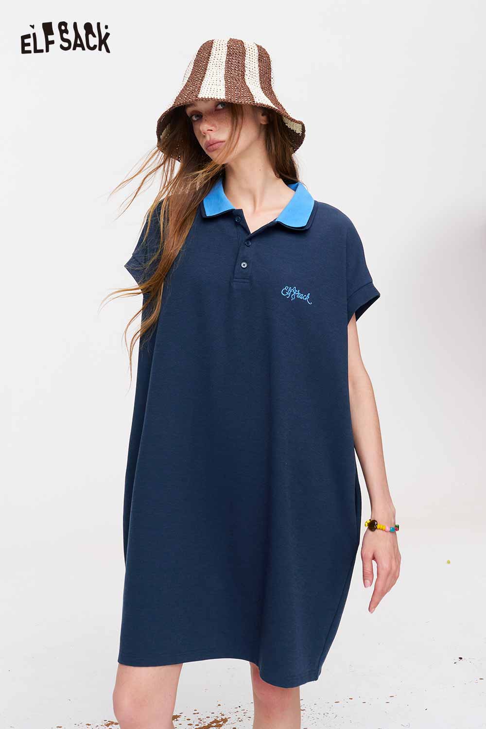 ELFSACK Color Block Polo Shirt Dress