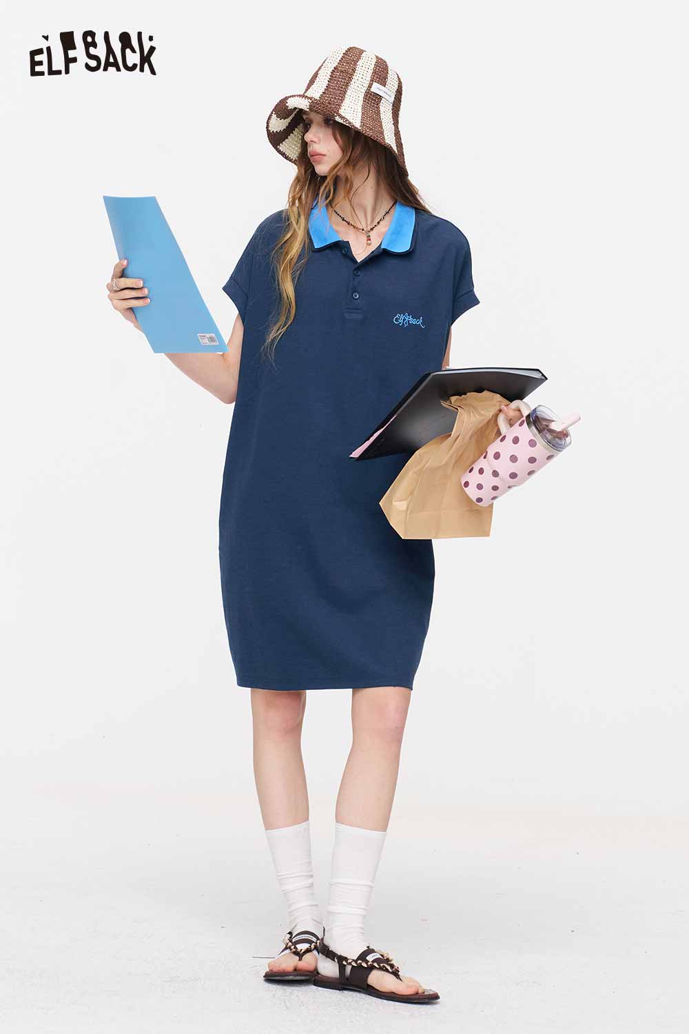 ELFSACK Color Block Polo Shirt Dress