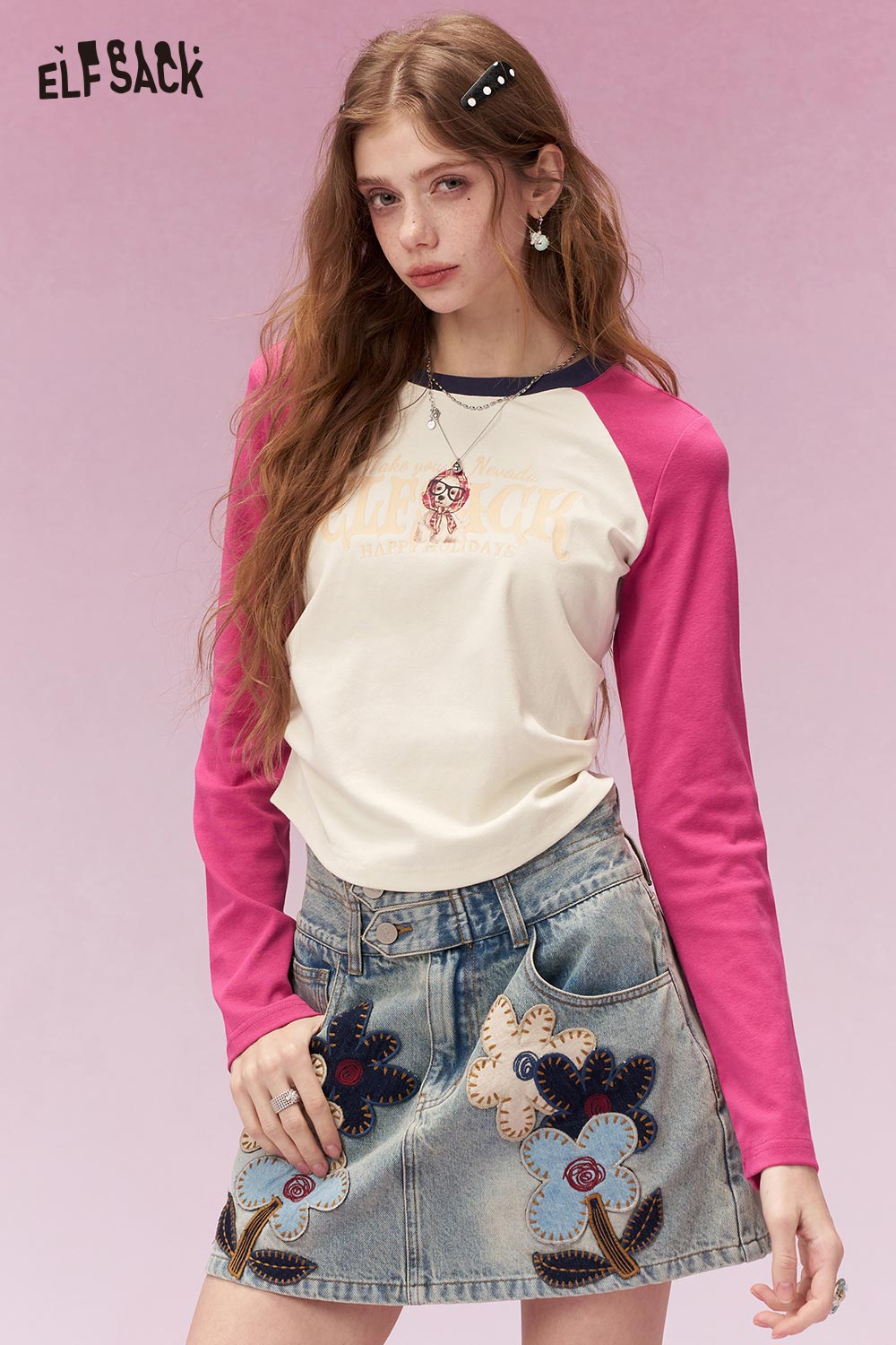 ELFSACK American Vintage Color Blocking Raglan Fitted Cropped Long Sleeve Tshirt