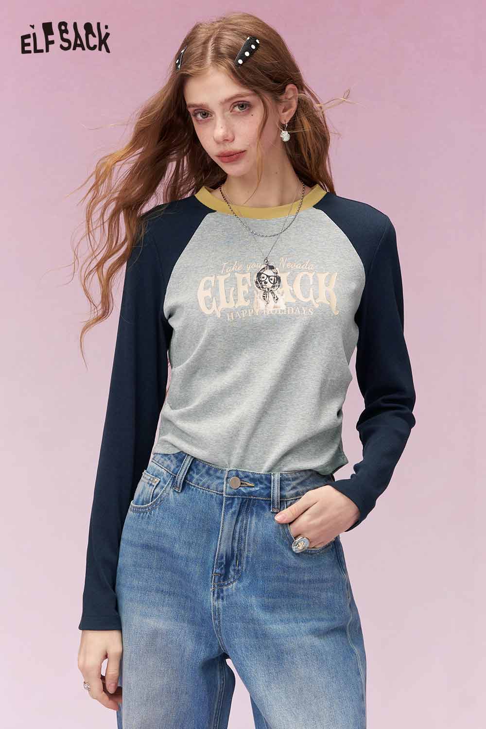 ELFSACK American Vintage Color Blocking Raglan Fitted Cropped Long Sleeve Tshirt