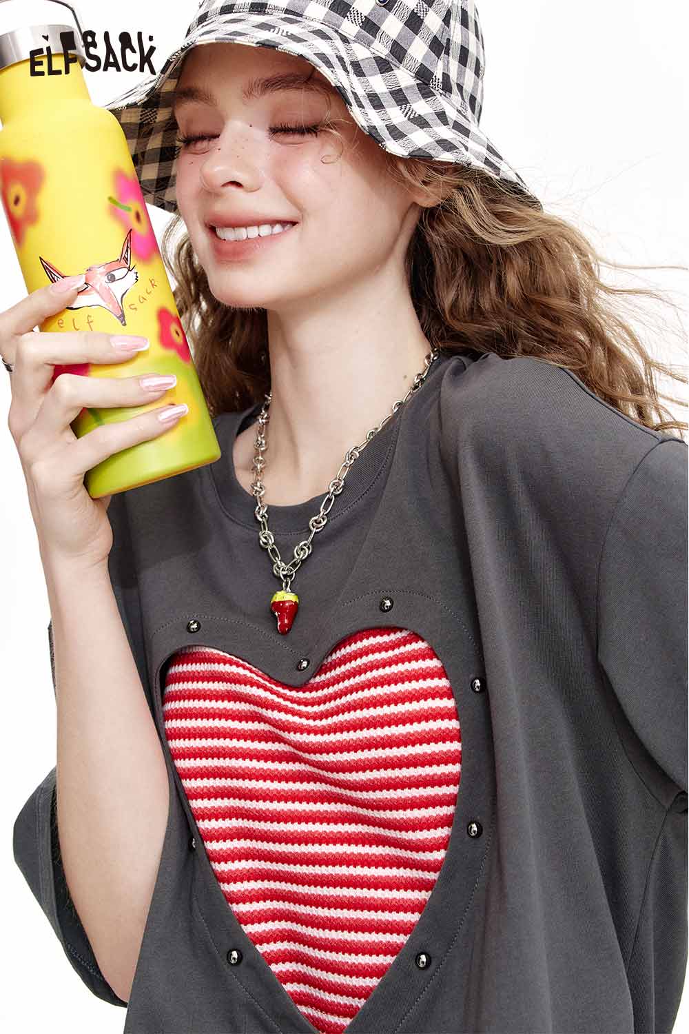 ELFSACK Color Block Striped Sleeveless Love Hollow Out Short Sleeve T Shirt
