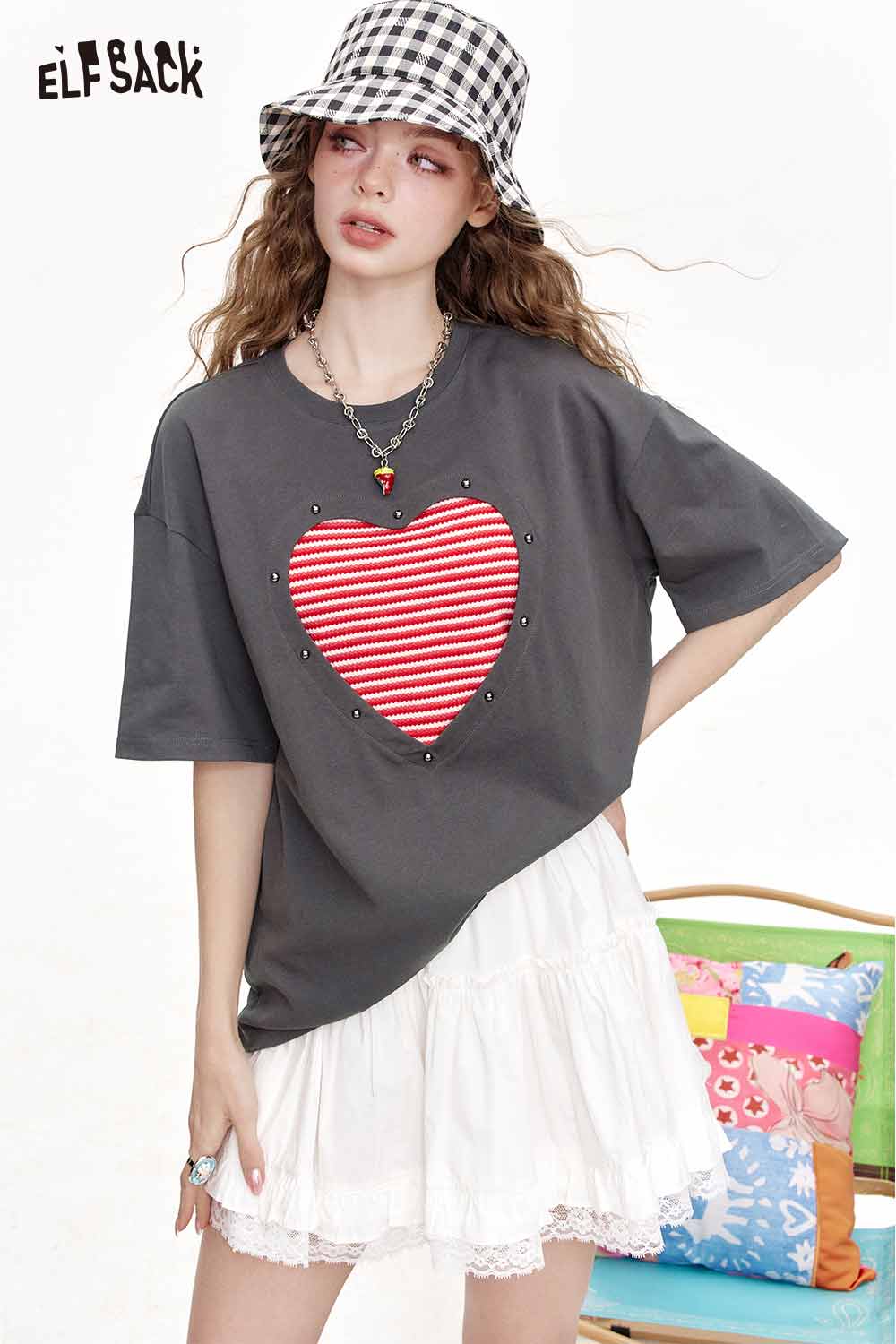 ELFSACK Color Block Striped Sleeveless Love Hollow Out Short Sleeve T Shirt