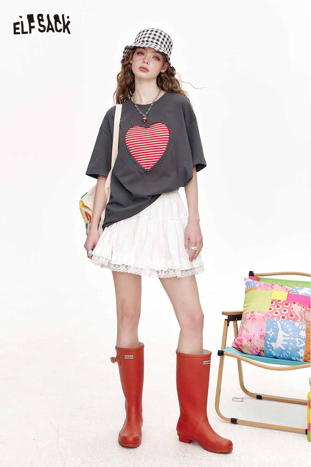 ELFSACK Color Block Striped Sleeveless Love Hollow Out Short Sleeve T Shirt