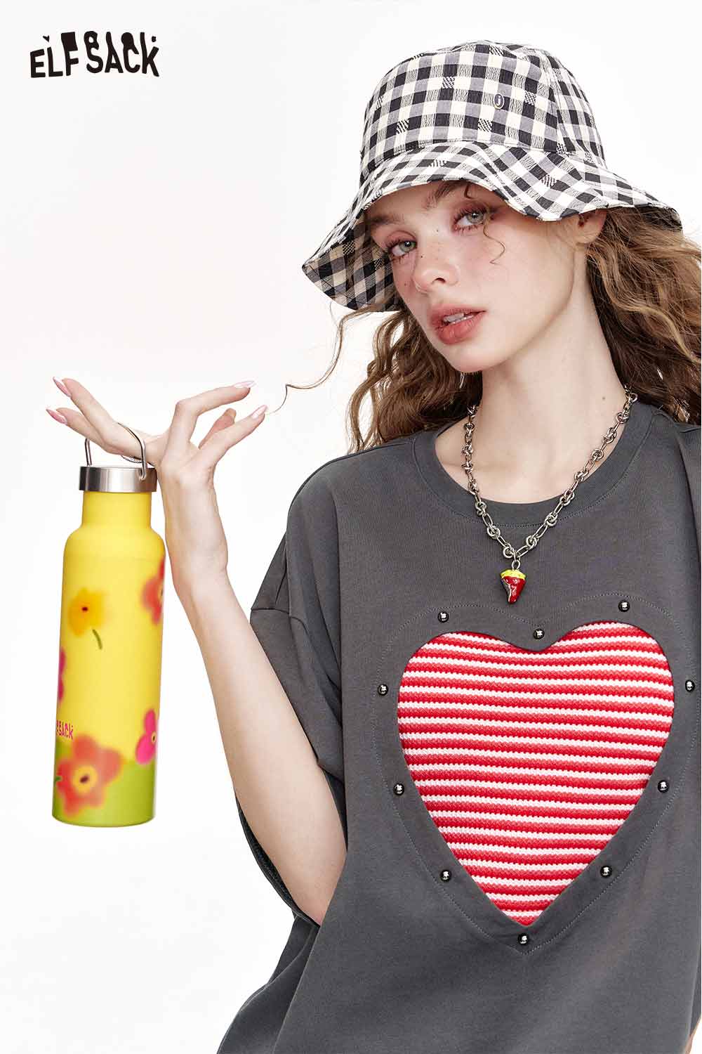 ELFSACK Color Block Striped Sleeveless Love Hollow Out Short Sleeve T Shirt