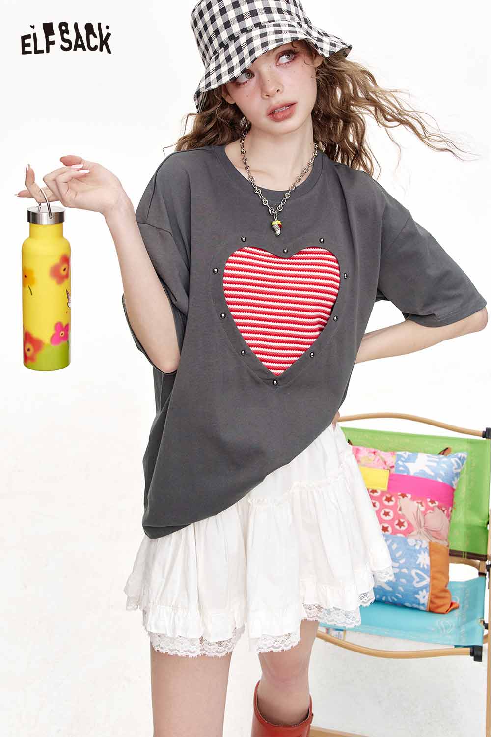 ELFSACK Color Block Striped Sleeveless Love Hollow Out Short Sleeve T Shirt