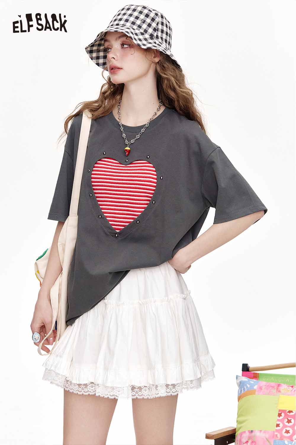 ELFSACK Color Block Striped Sleeveless Love Hollow Out Short Sleeve T Shirt