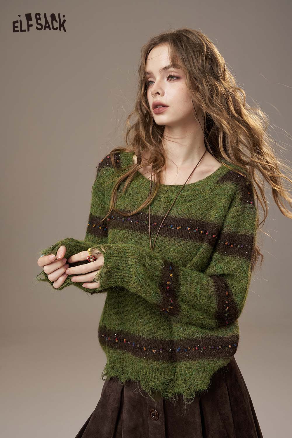 ELFSACK Green & Brown Striped Distressed Sweater, Colorful Beaded Knit