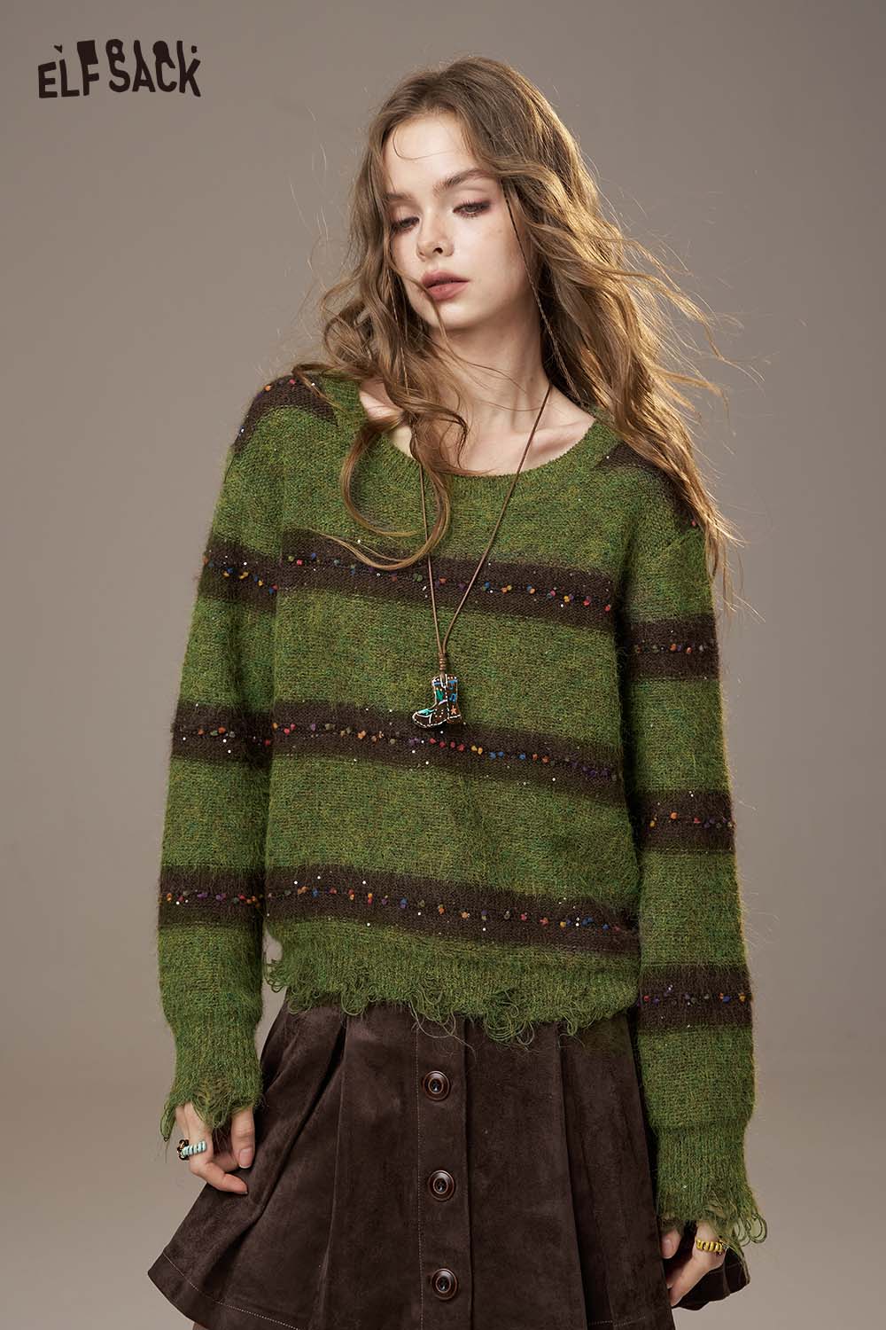 ELFSACK Green & Brown Striped Distressed Sweater, Colorful Beaded Knit