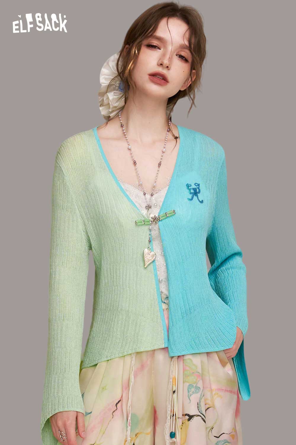 ELFSACK Color Block Wrap Front Flare Sleeve Cardigan