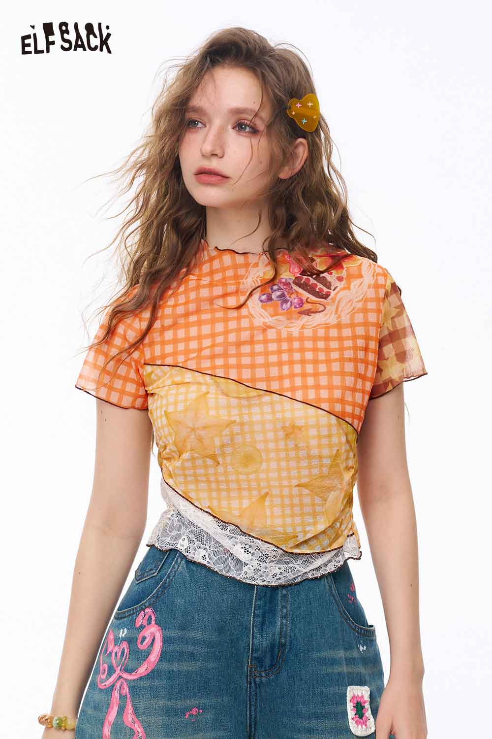 ELFSACK Colorblock Fruit Print Ruffle Mesh Tee