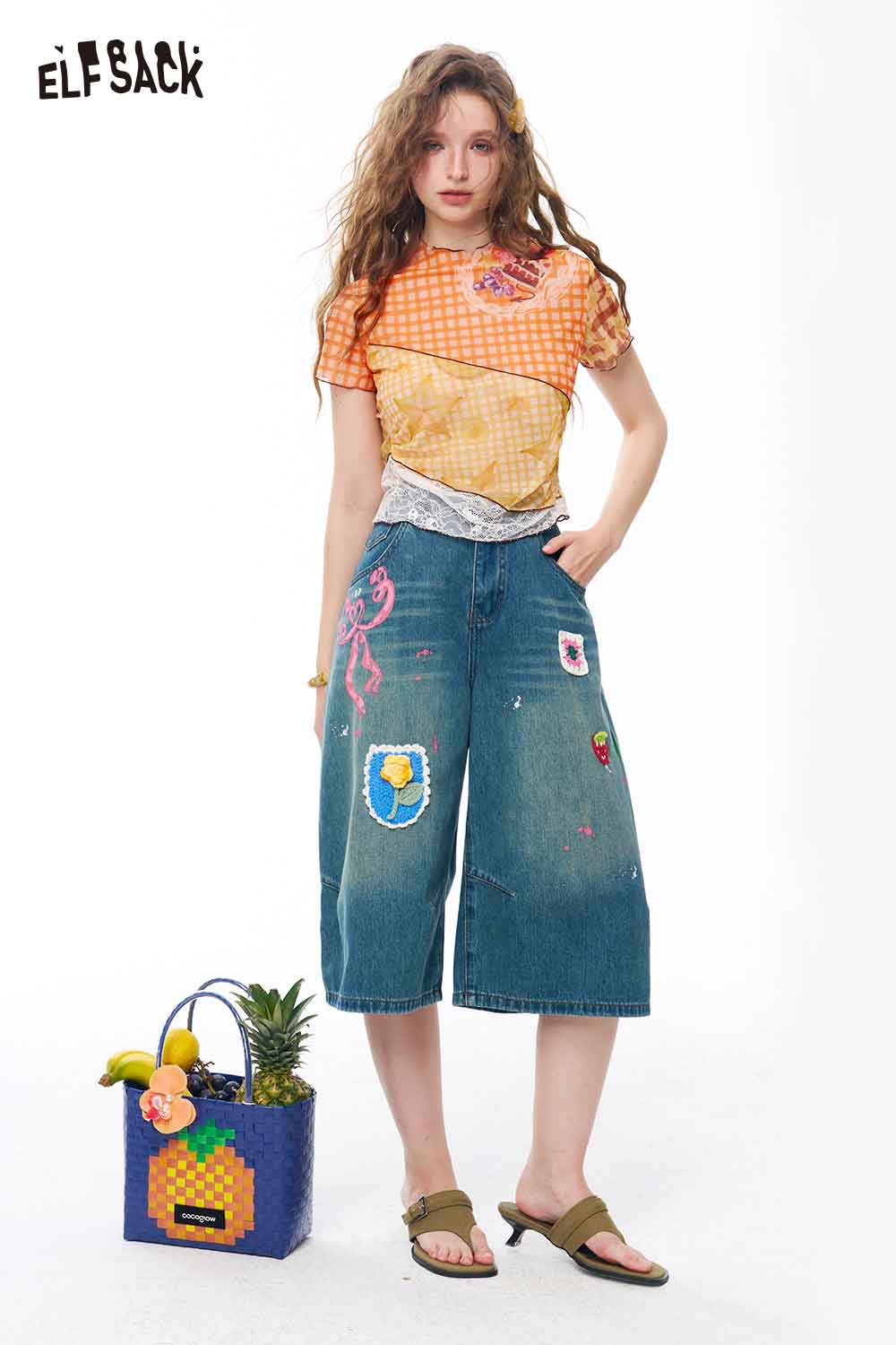 ELFSACK Colorblock Fruit Print Ruffle Mesh Tee