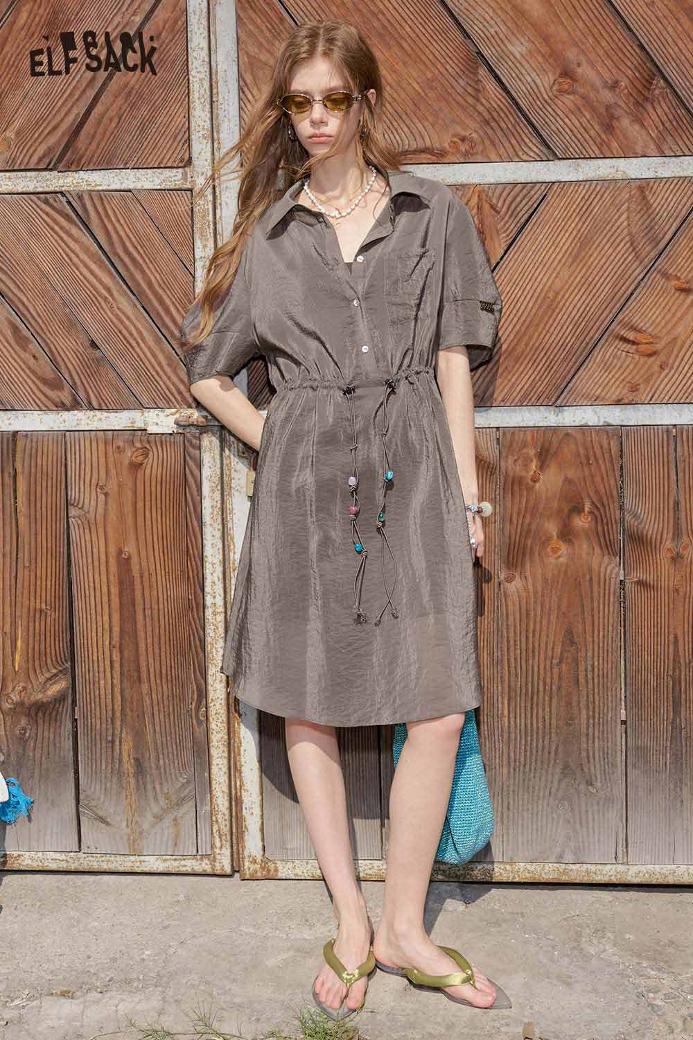 ELFSACK Colorful Button Cinched Shirt Dress